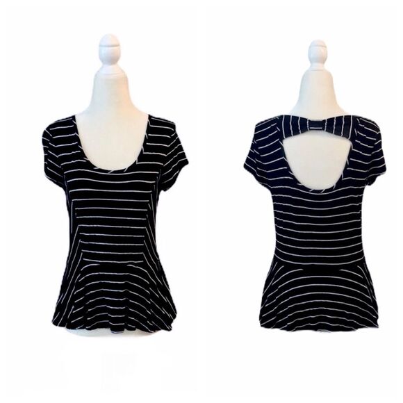 Chelsea & Theodore Striped Black Bow Peplum Top - Picture 2 of 10